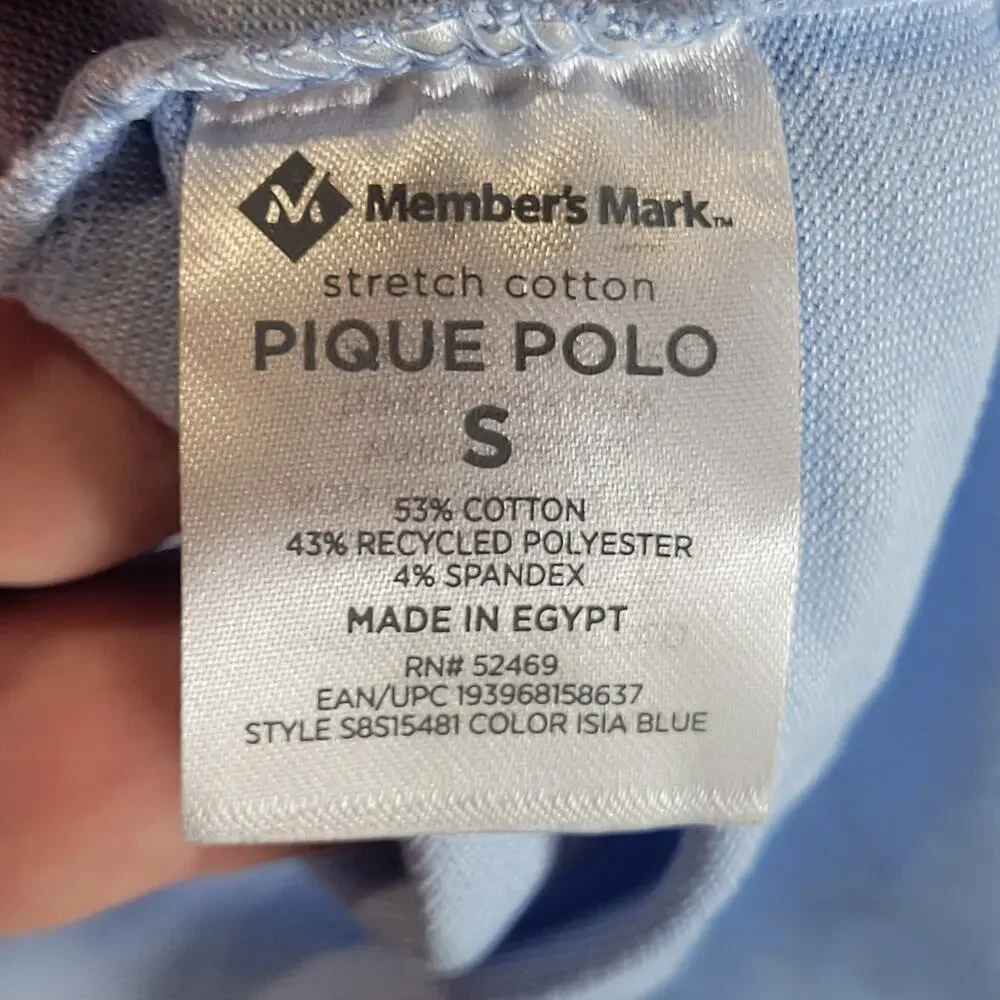 Members Mark Men's Pique Polo Shirt, Blue, Size S, NWT